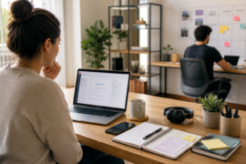 Equipe híbrida organiza prioridades e decisões em comunicação assíncrona no trabalho