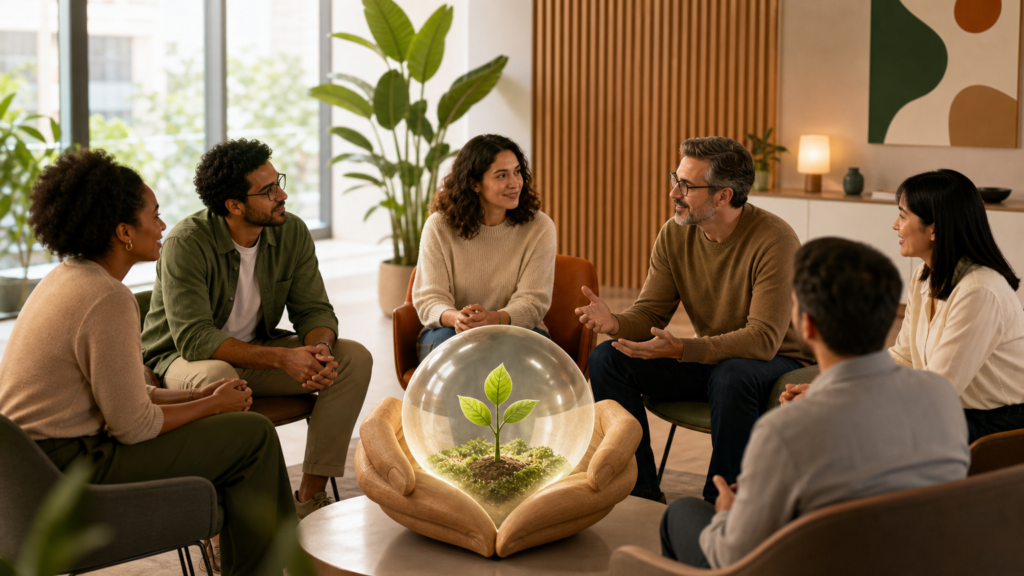 Embaixadores de saúde mental: cuidado sem improviso Embaixadores de saúde mental em conversa de apoio no ambiente de trabalho