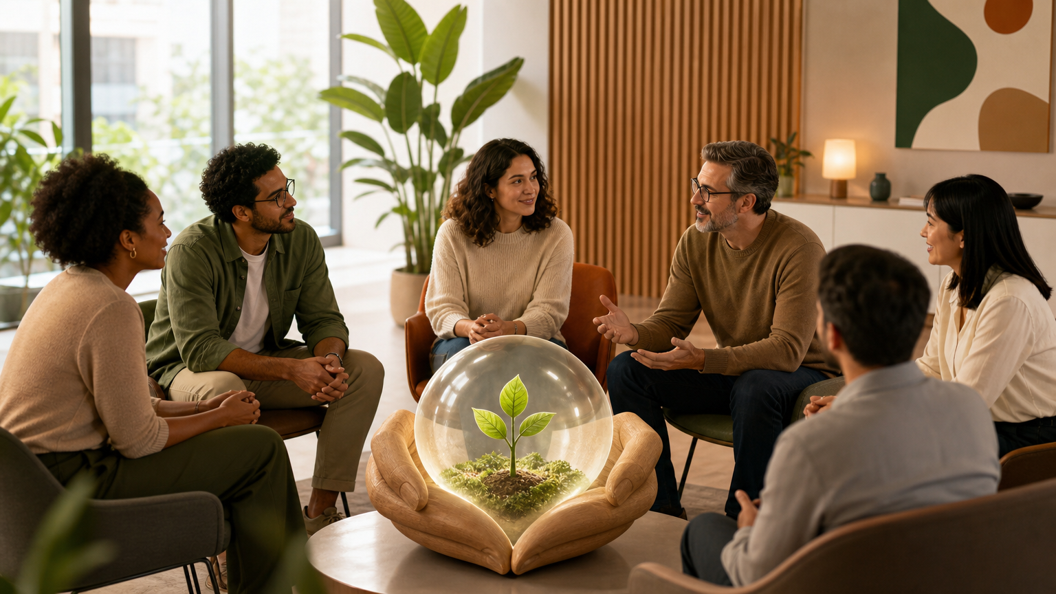 Embaixadores de saúde mental: cuidado sem improviso Embaixadores de saúde mental em conversa de apoio no ambiente de trabalho