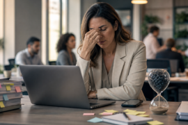 Microestresse no trabalho em equipe de escritório com líder cansada diante de notebook e demandas acumuladas