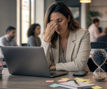 Microestresse no trabalho em equipe de escritório com líder cansada diante de notebook e demandas acumuladas
