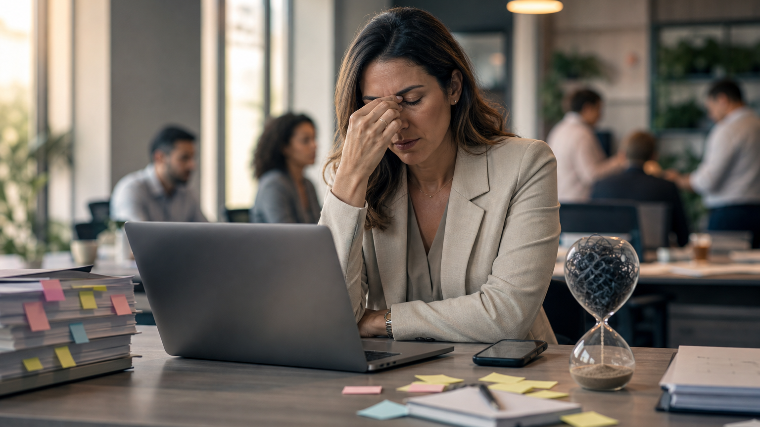 Microestresse no trabalho: o cansaço do time nem sempre é burnout Microestresse no trabalho em equipe de escritório com líder cansada diante de notebook e demandas acumuladas