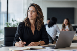 Mulher líder em reunião corporativa com expressão concentrada, representando burnout em mulheres líderes e carga emocional no trabalho