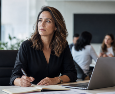 Mulher líder em reunião corporativa com expressão concentrada, representando burnout em mulheres líderes e carga emocional no trabalho