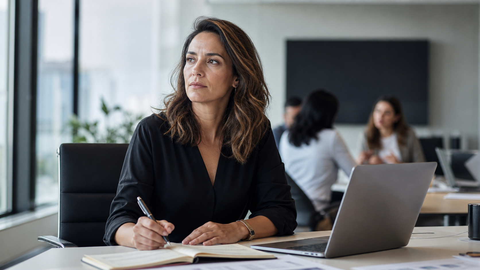 Burnout em mulheres líderes: a conta emocional do engajamento Mulher líder em reunião corporativa com expressão concentrada, representando burnout em mulheres líderes e carga emocional no trabalho