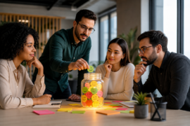 Equipe de RH analisando resultados de pesquisa de satisfação interna em uma reunião