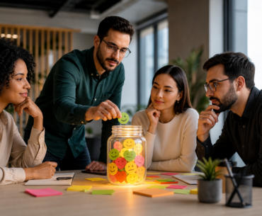 Equipe de RH analisando resultados de pesquisa de satisfação interna em uma reunião