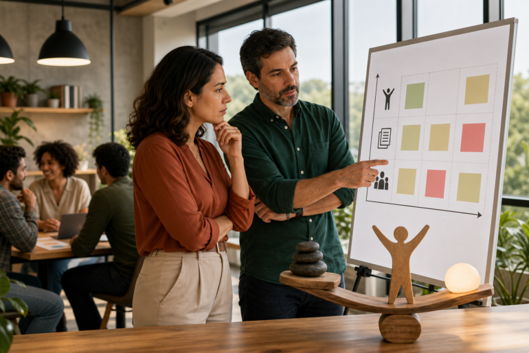 Gestor e RH analisando se o problema do time é motivação, carga de trabalho ou liderança