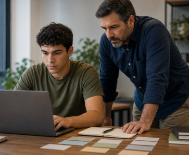 Profissional júnior aprende a usar IA no trabalho com orientação de uma liderança experiente