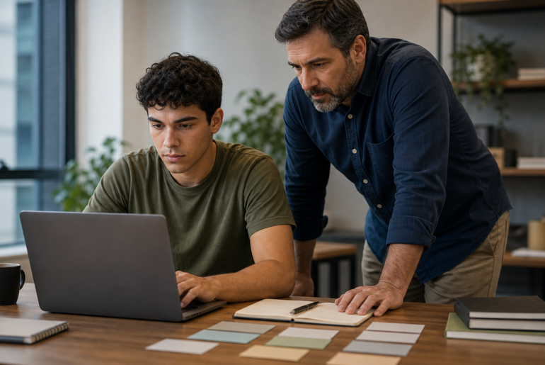 Profissional júnior aprende a usar IA no trabalho com orientação de uma liderança experiente