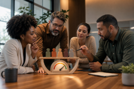 Gestores analisando indicadores de qualidade do time em reunião de RH