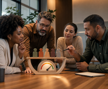 Gestores analisando indicadores de qualidade do time em reunião de RH