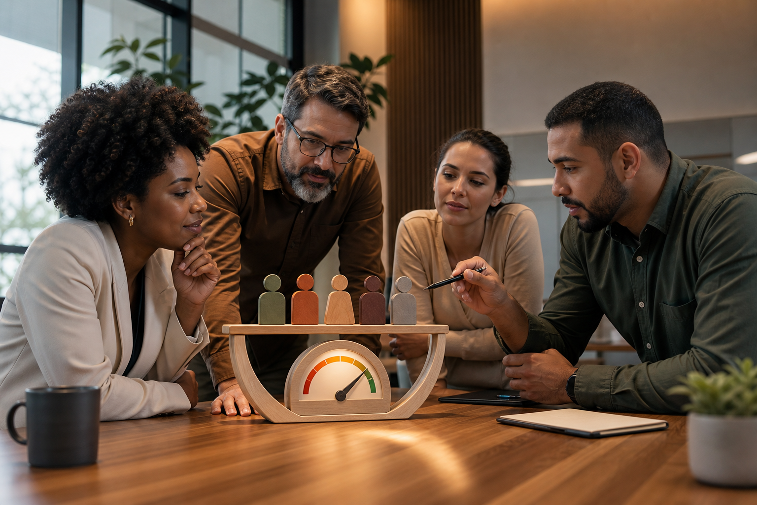 Qualidade do time: indicadores que gestores devem acompanhar Gestores analisando indicadores de qualidade do time em reunião de RH