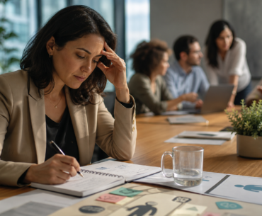 Saúde mental e liderança em uma reunião de trabalho com gestor analisando responsabilidades de cuidado emocional