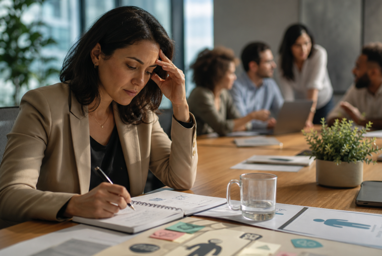 Saúde mental e liderança em uma reunião de trabalho com gestor analisando responsabilidades de cuidado emocional