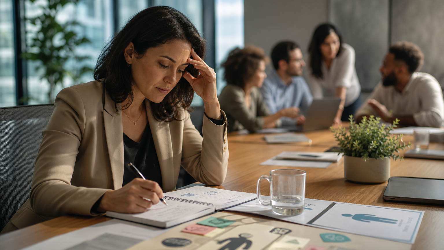 Saúde mental e liderança: quando cuidar vira mais uma cobrança Saúde mental e liderança em uma reunião de trabalho com gestor analisando responsabilidades de cuidado emocional