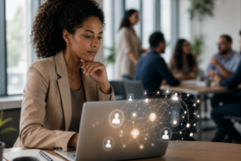 Profissional em mesa de trabalho analisando IA no notebook com bloco de notas ao lado, representando sedentarismo cognitivo no trabalho