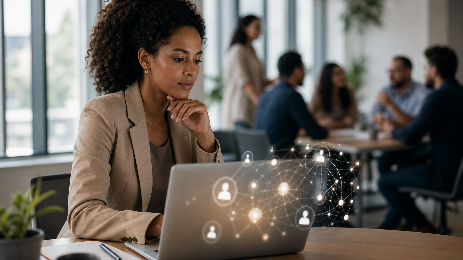 Sedentarismo cognitivo: quando a IA começa a pensar pela equipe Profissional em mesa de trabalho analisando IA no notebook com bloco de notas ao lado, representando sedentarismo cognitivo no trabalho