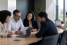 Equipe de RH analisa documentos e computador para avaliar uso de inteligência artificial não aprovada no trabalho