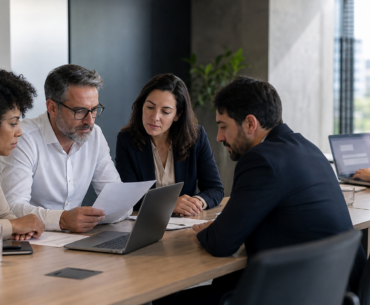 Equipe de RH analisa documentos e computador para avaliar uso de inteligência artificial não aprovada no trabalho