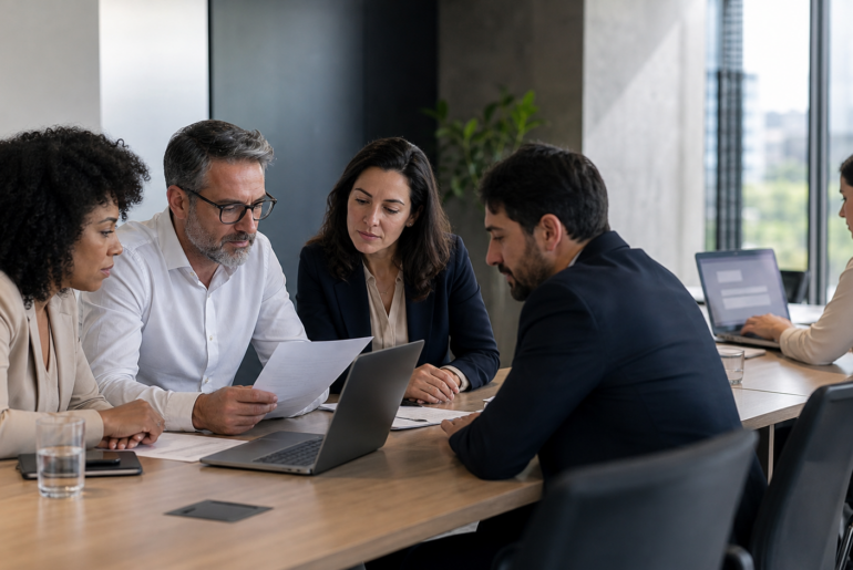 Equipe de RH analisa documentos e computador para avaliar uso de inteligência artificial não aprovada no trabalho