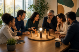 Reunião de talent review com RH e liderança discutindo sucessão e desenvolvimento de pessoas
