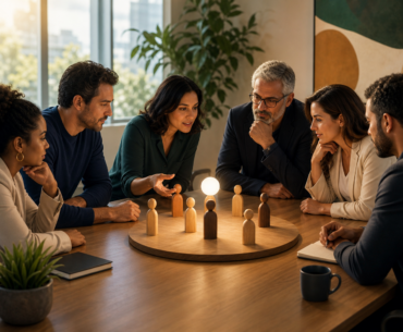 Reunião de talent review com RH e liderança discutindo sucessão e desenvolvimento de pessoas