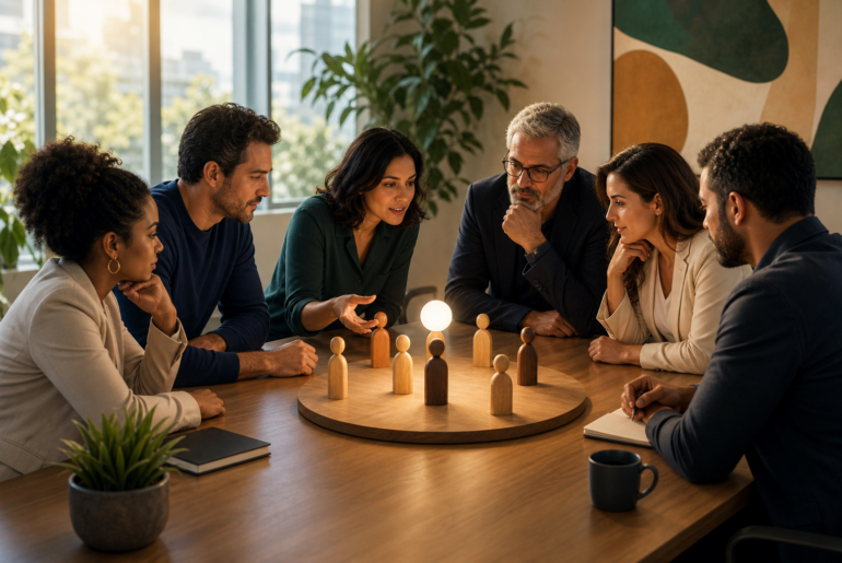 Reunião de talent review com RH e liderança discutindo sucessão e desenvolvimento de pessoas