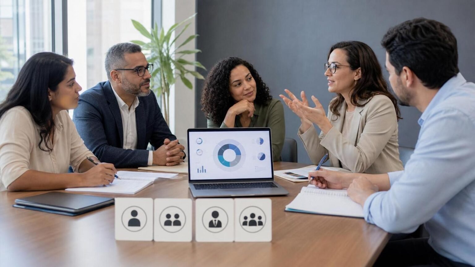 Avaliação 360 graus: como aplicar sem julgamento coletivo Profissionais de RH discutindo avaliação 360 graus em sala de reunião com painel genérico de feedback no notebook