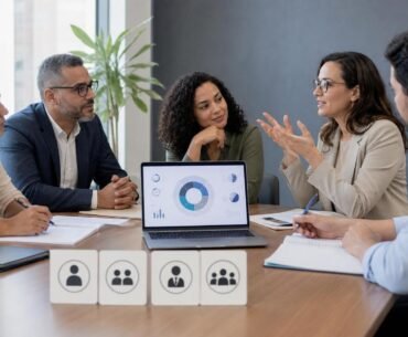Profissionais de RH discutindo avaliação 360 graus em sala de reunião com painel genérico de feedback no notebook