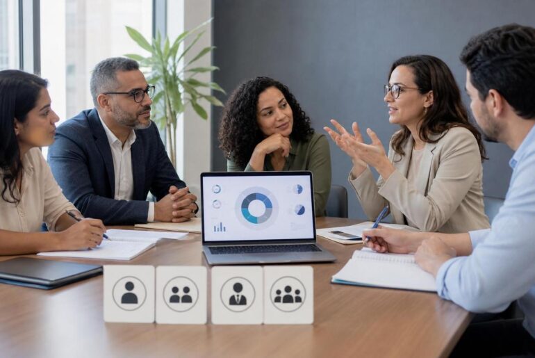 Profissionais de RH discutindo avaliação 360 graus em sala de reunião com painel genérico de feedback no notebook