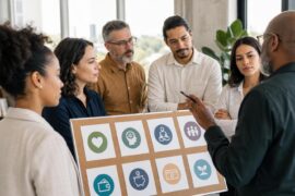Equipe de RH avaliando benefícios de saúde mental e financeira em um escritório moderno