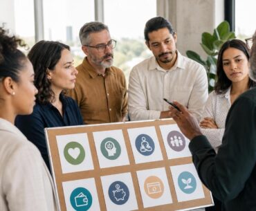 Equipe de RH avaliando benefícios de saúde mental e financeira em um escritório moderno