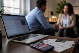 Mesa de escritório com notebook, celular e contas, sugerindo tensão financeira e cuidado do RH diante das bets no trabalho