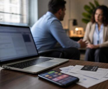 Mesa de escritório com notebook, celular e contas, sugerindo tensão financeira e cuidado do RH diante das bets no trabalho