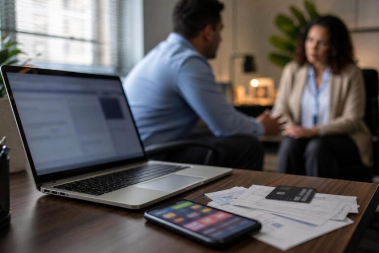 Mesa de escritório com notebook, celular e contas, sugerindo tensão financeira e cuidado do RH diante das bets no trabalho