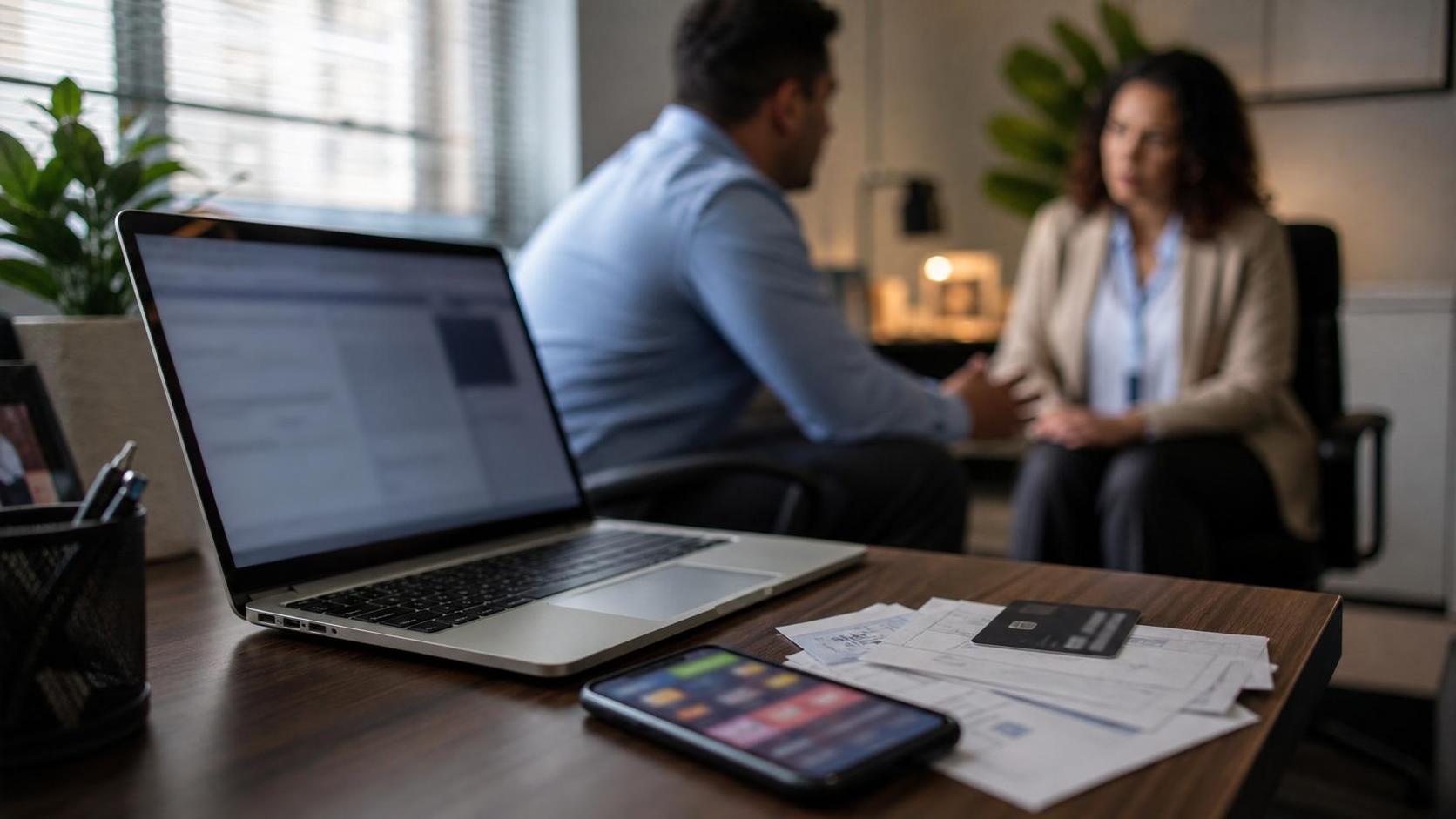 Bets no trabalho: o risco financeiro que chega ao RH Mesa de escritório com notebook, celular e contas, sugerindo tensão financeira e cuidado do RH diante das bets no trabalho