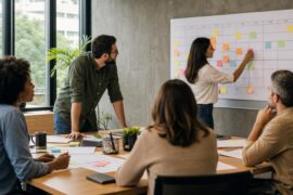 Equipe de RH planejando o calendário anual de ações em uma sala de reunião