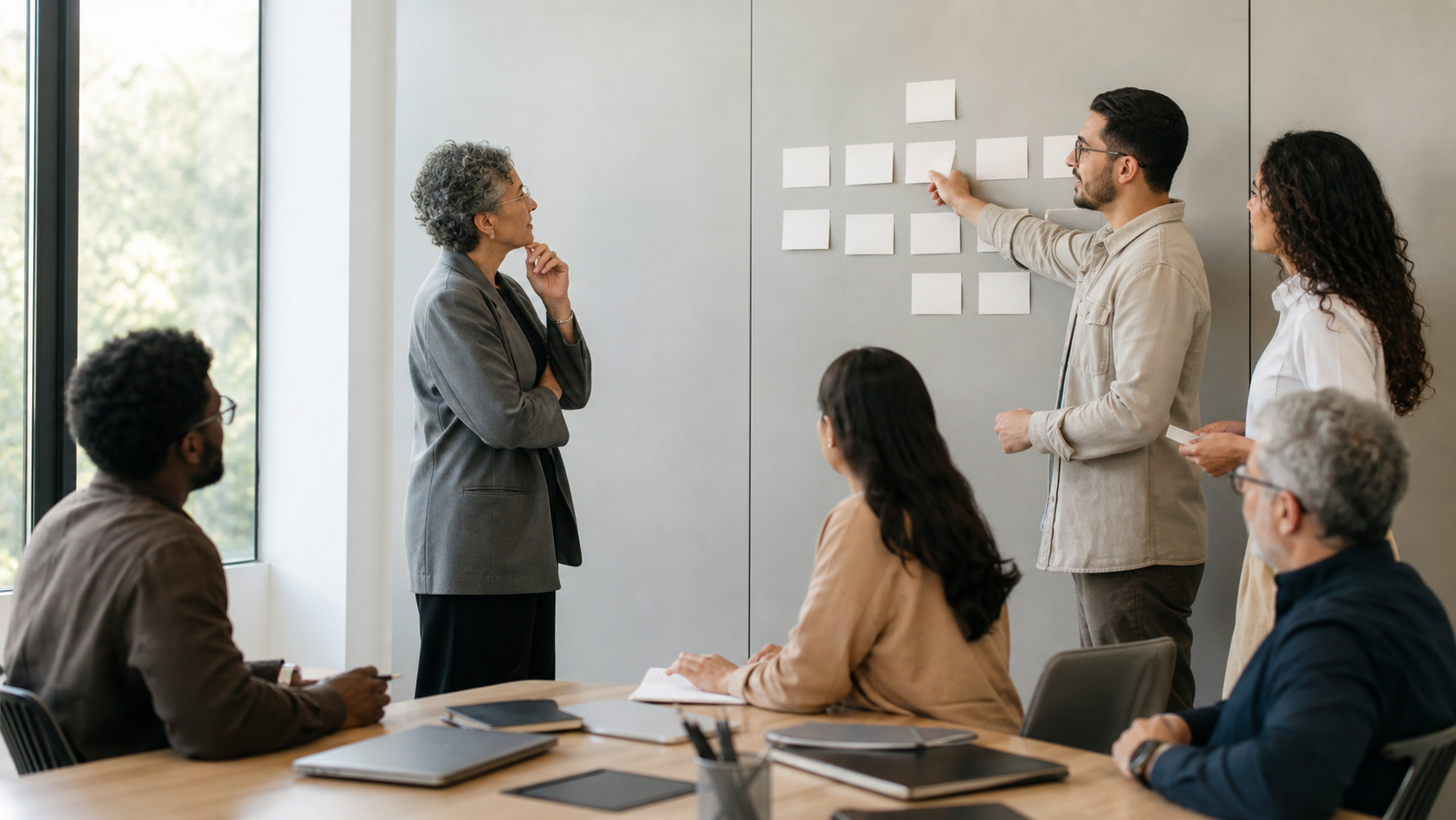 Capacidade adaptativa no RH: mudar sem esgotar pessoas Equipe de RH e lideranças reorganiza prioridades em quadro visual durante conversa sobre mudança organizacional