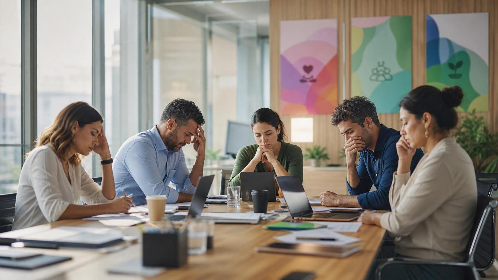 Carewashing no trabalho: quando o cuidado vira discurso Equipe em sala de reunião corporativa com tensão profissional diante de campanha de bem-estar ao fundo