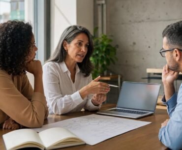 Profissional transfere conhecimento crítico para colegas durante reunião de trabalho