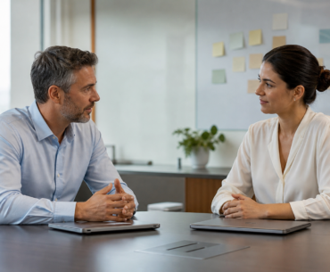 Gestor conversa com profissional em sala de reunião sobre prioridades e desenvolvimento da equipe