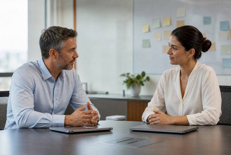 Gestor conversa com profissional em sala de reunião sobre prioridades e desenvolvimento da equipe