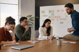Equipe em sala de reunião com sinais sutis de cansaço emocional no trabalho