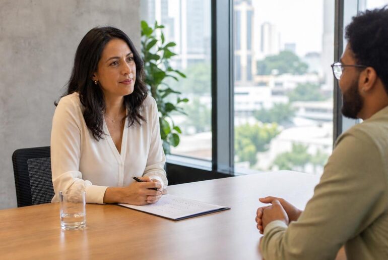 Entrevista estruturada com recrutadora, candidato e scorecard sobre a mesa