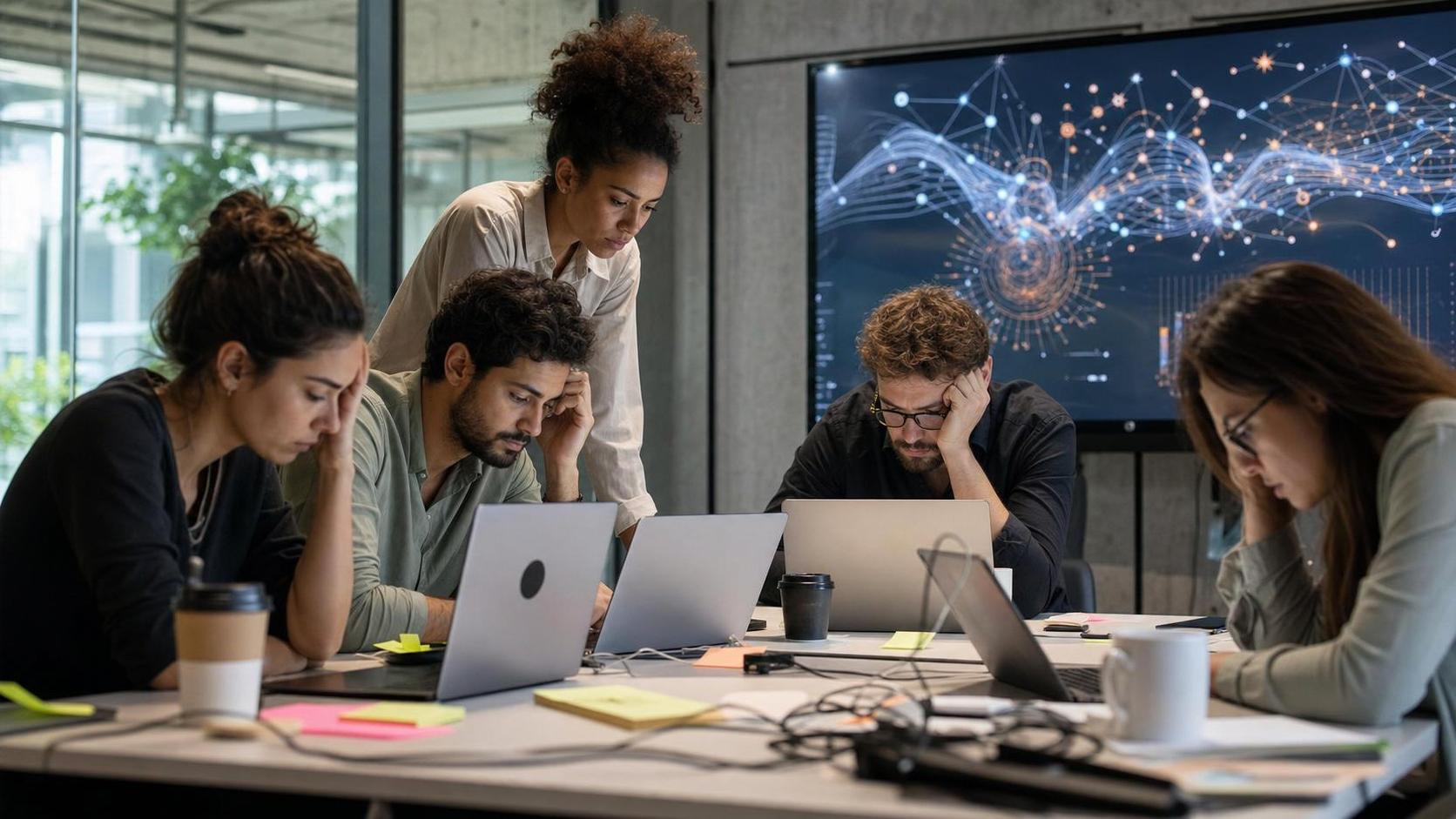 Hiperprodutividade com IA: quando entregar mais esgota Equipe em sala de projeto usando IA com sinais de cansaço e pressão por produtividade no trabalho