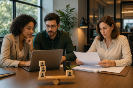 Profissionais de RH analisando recomendações de IA antes de tomar uma decisão humana
