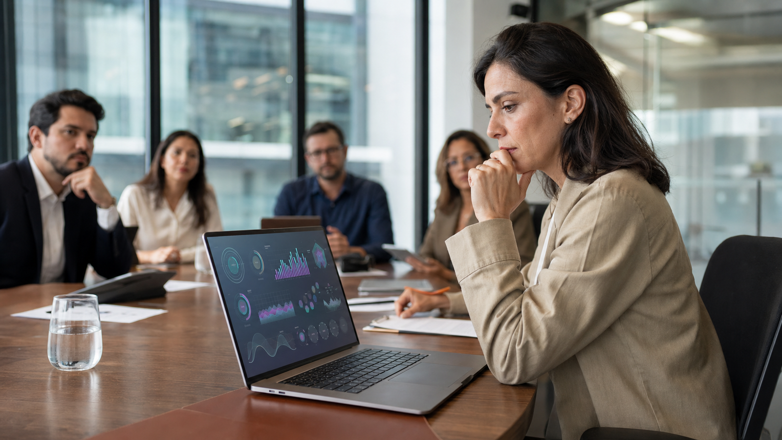 Gestor sem tempo para liderar: o custo invisível da sobrecarga Gestora em reunião sobre IA com equipe ao fundo, representando sobrecarga de liderança e decisões de mudança no trabalho