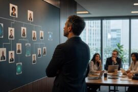 Liderança observa um quadro de organização com papéis humanos e agentes digitais em ambiente corporativo.