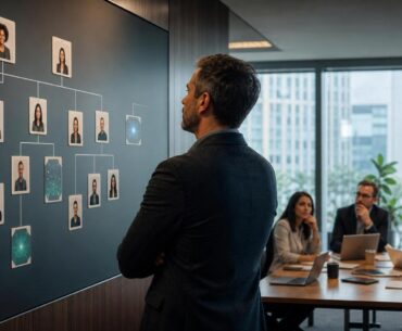 Liderança observa um quadro de organização com papéis humanos e agentes digitais em ambiente corporativo.